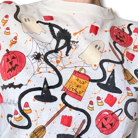 Vintage 80s Halloween Hand-Painted Long Sleeve Tee Made in USA, Med / Sm - Picture 10 of 12